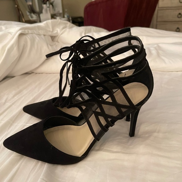 CHARLOTTE RUSSE- NEVER WORN black mesh tie up heels - Picture 2 of 8